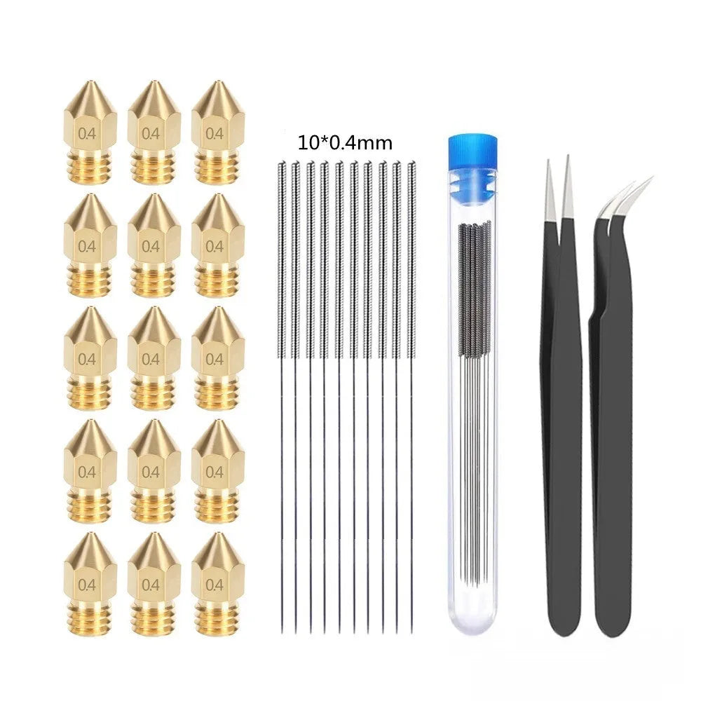 MK8 brass 3D printer nozzle and stainless steel cleaning pin on a white background.