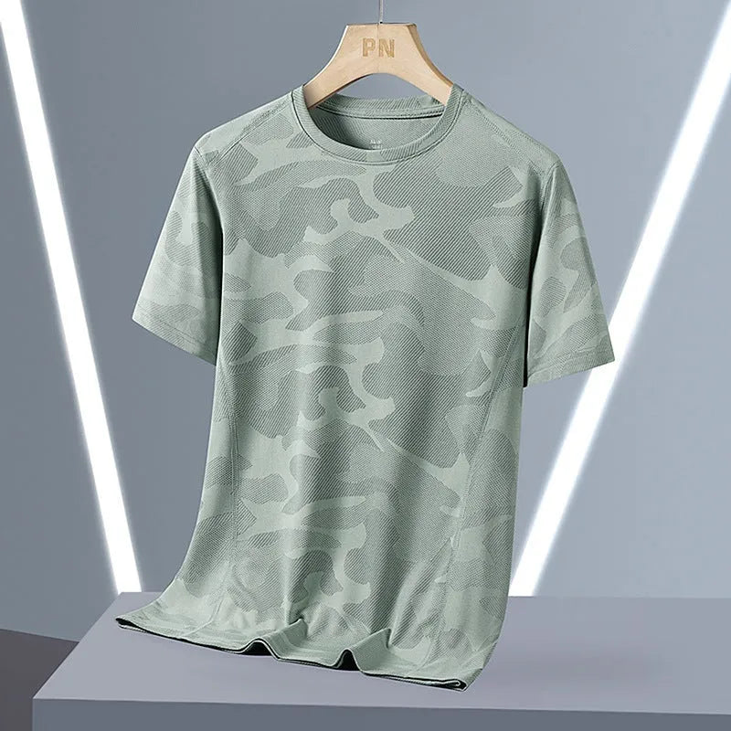 Men's loose-fit camouflage pattern summer top in quick-dry nylon, shown in Army Green.