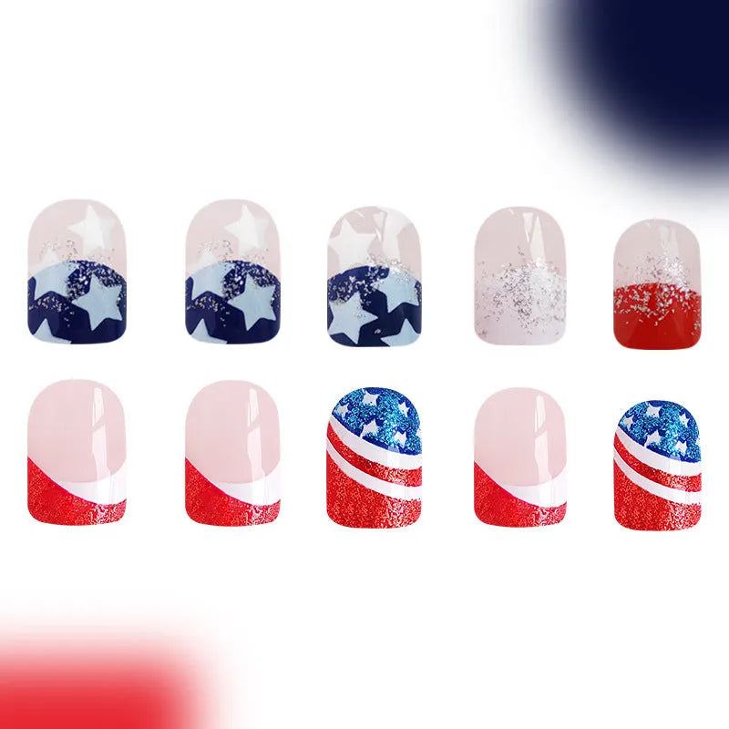 Independence Day nail stickers with American five-pointed stars in red, white, and blue colours