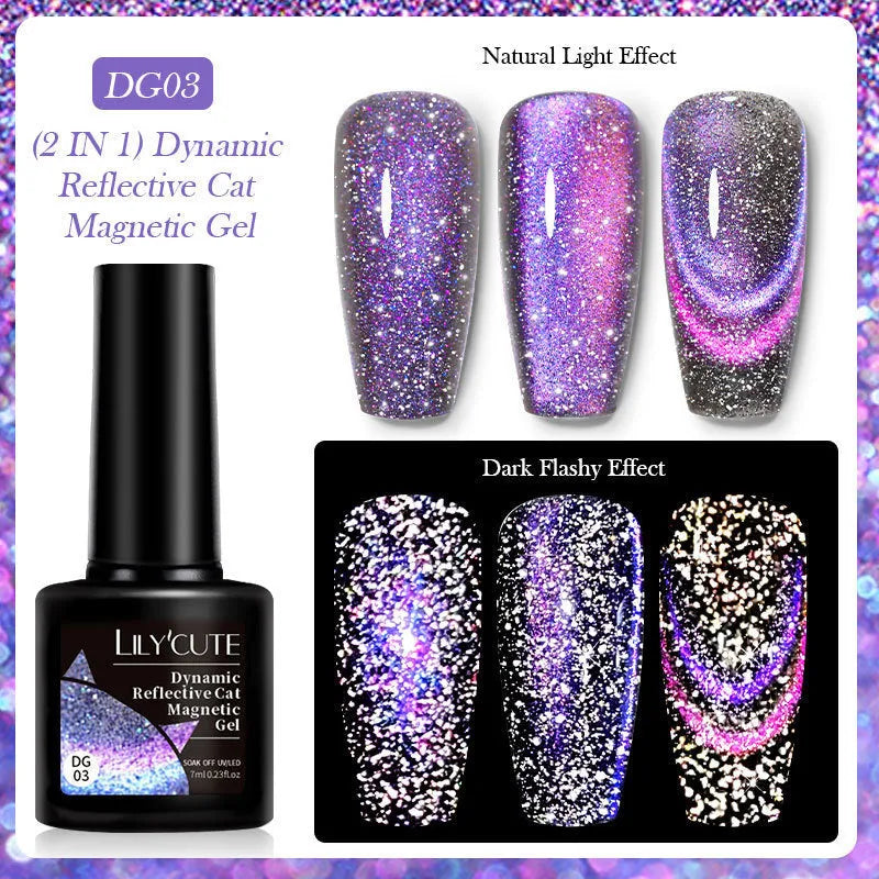 Bottle of Diamond In The Debris Cat Eye Series Nail Polish Gel showing glitter and diamond fragments, with six colour options displayed.