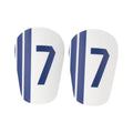 Blue and white No. 7 thickened PU football shin guards in XS, S and M sizes, one pair