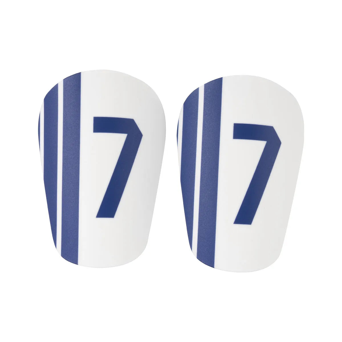 Blue and white No. 7 thickened PU football shin guards in XS, S and M sizes, one pair