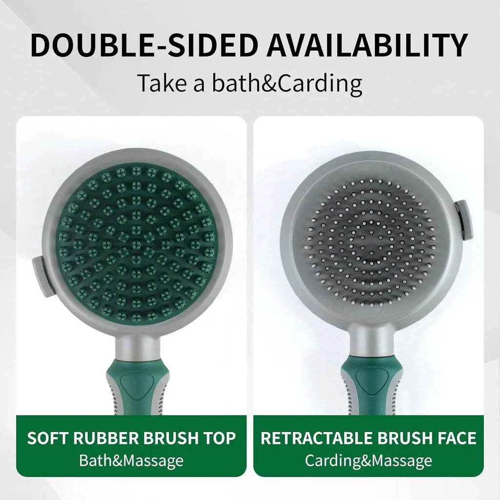 Green and pink 2-in-1 silicone cat hair brush with retractable slicker and massage pins for pet grooming