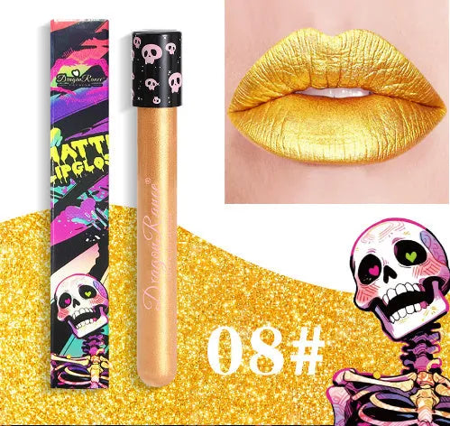 Halloween metallic lip gloss in skull test tube packaging with waterproof formula