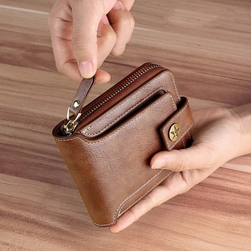 Men's short style two-fold PU wallet in black, deep brown, and shallow coffee colours.