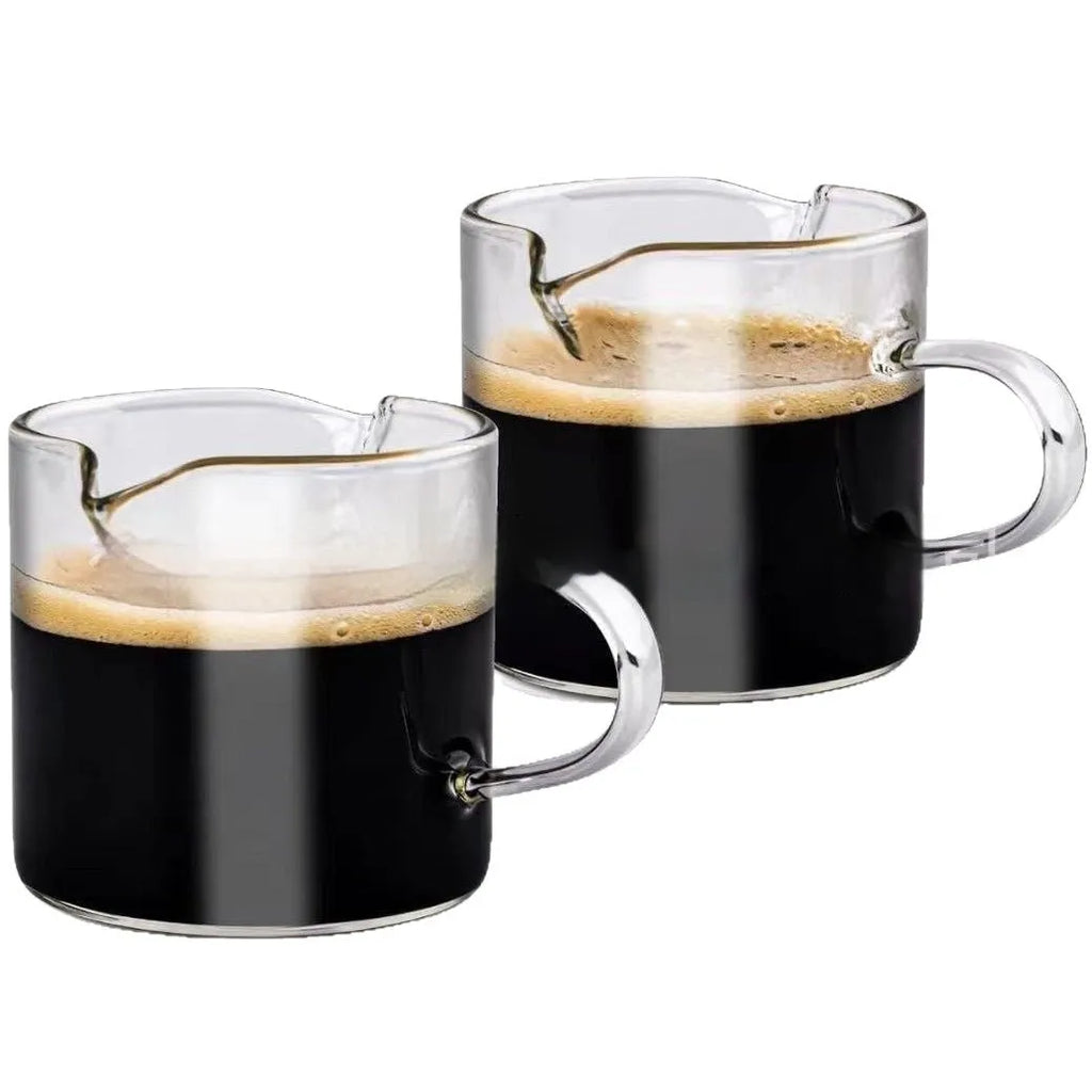Transparent double-mouth coffee glasses with white styling for espresso and flat white drinks