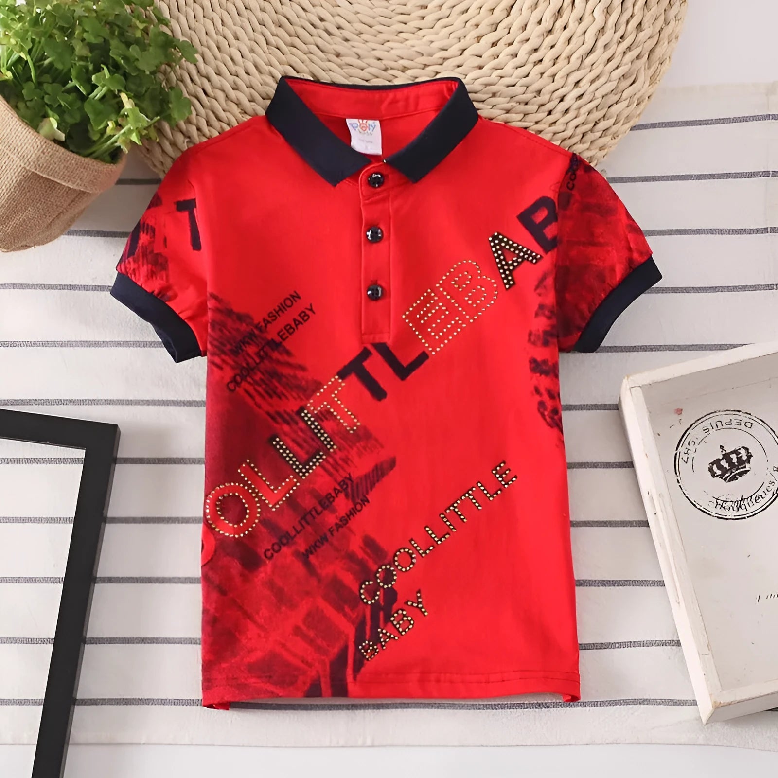 Boys short sleeve cotton polo shirt with lapel collar in grey, navy, red or white colours
