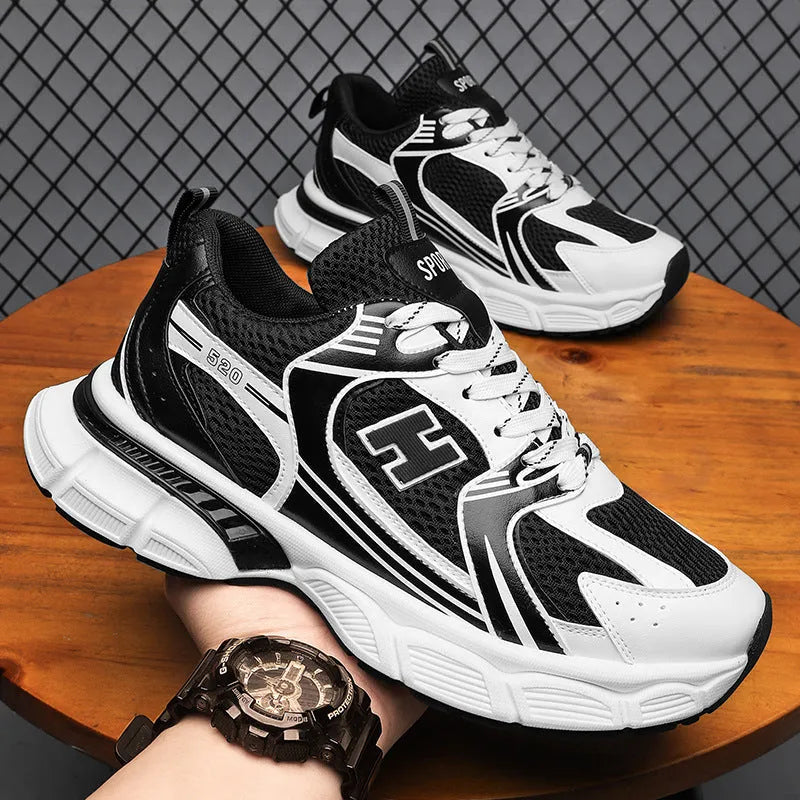 Men's mesh running shoes in three colour options showing round toe design and plastic sole construction