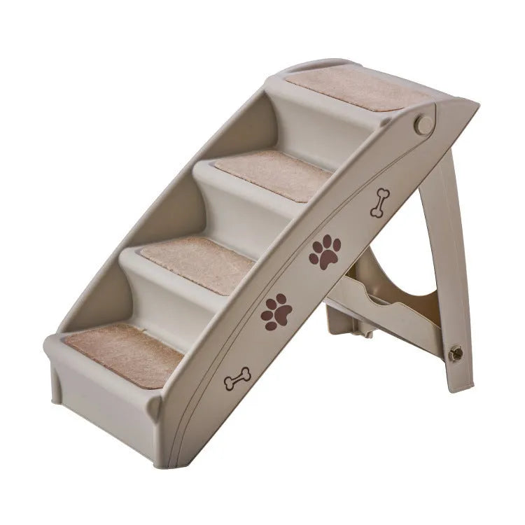 Foldable grey plastic pet stairs with three steps and a non-slip mat for small dogs and cats