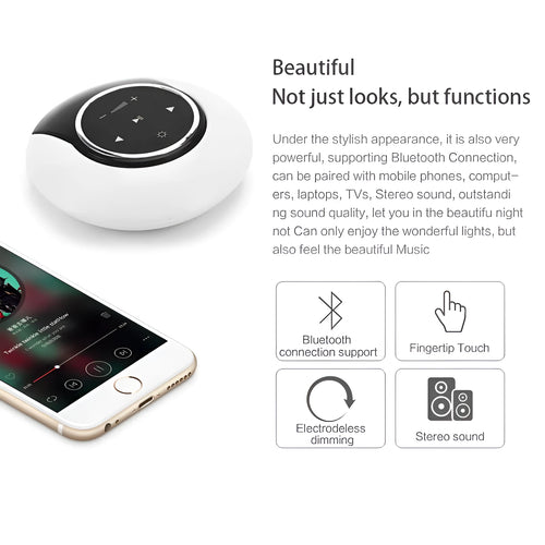Blue Bluetooth desk lamp speaker with touch controls showing white, yellow and blue light options