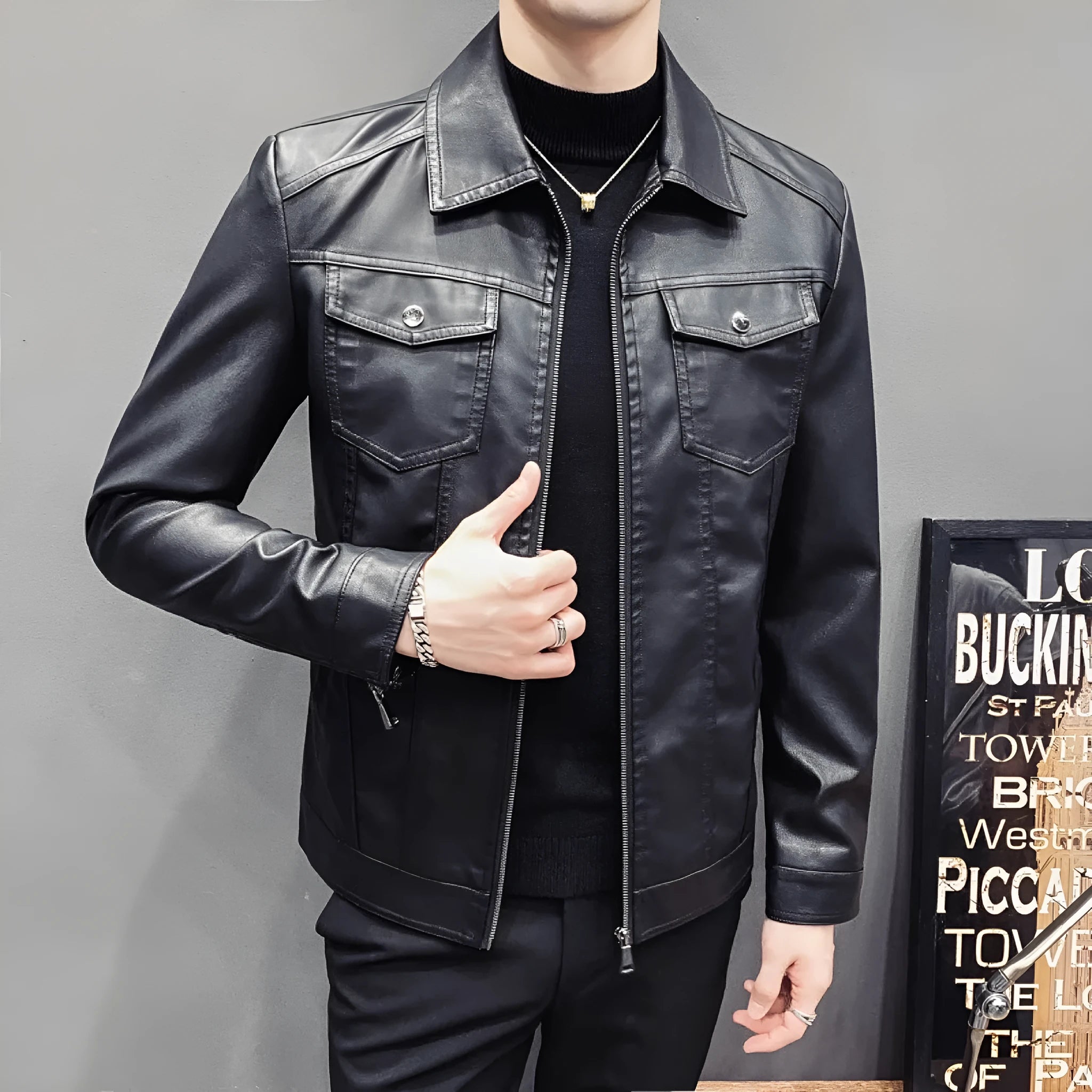 Men's PU leather quilted casual jacket, short length, side seam pockets, nylon lining, regular fit.