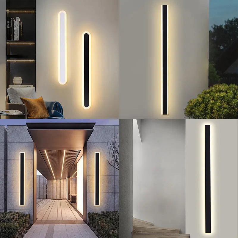 Long straight outdoor LED wall lamp with wrought iron shell for waterproof garden lighting.