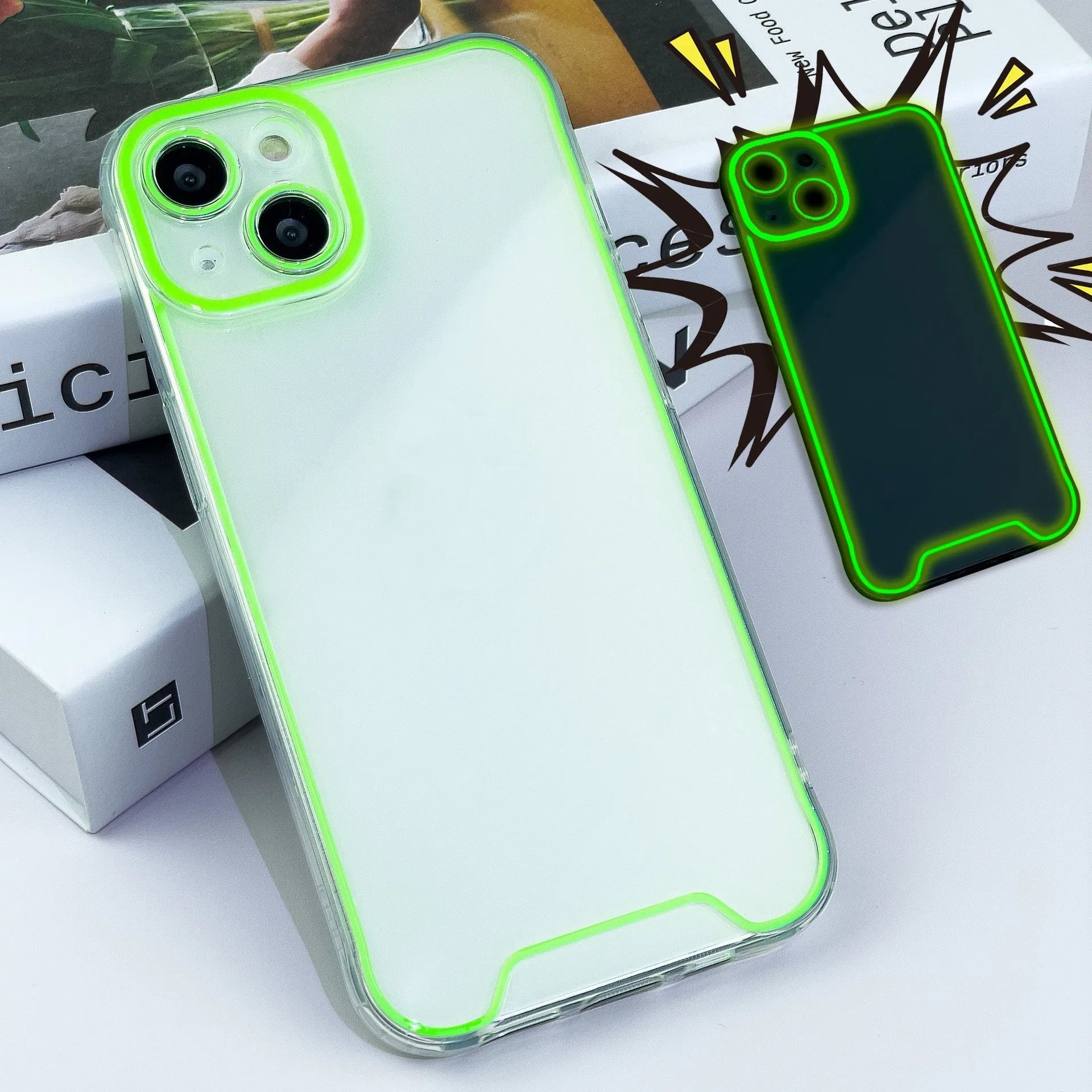 Glow in the dark soft TPU phone case for iPhone on a dark background, showing luminescent green colour.