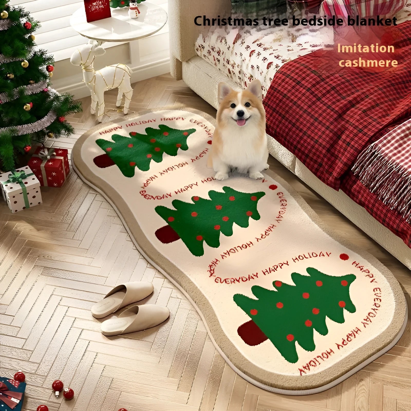 Christmas Series imitation cashmere carpet decoration in Alien shape on a floor, showing festive pattern options.