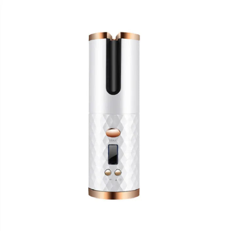 A white portable automatic wireless curling iron with a USB cable and a gold ceramic barrel.