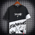 Men's loose fit hip hop polyester printed short sleeve t-shirt with graffiti design in black and white