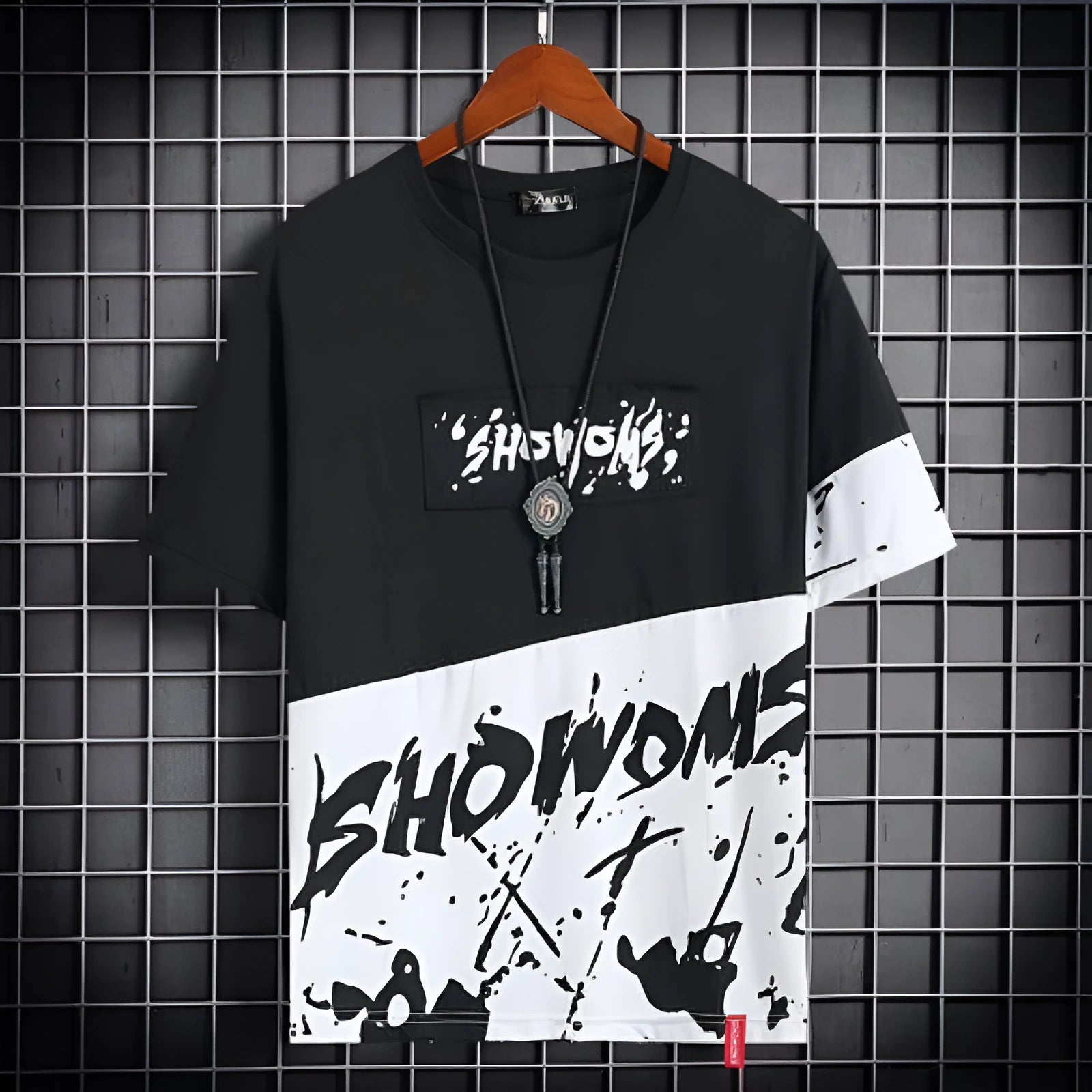 Men's loose fit hip hop polyester printed short sleeve t-shirt with graffiti design in black and white
