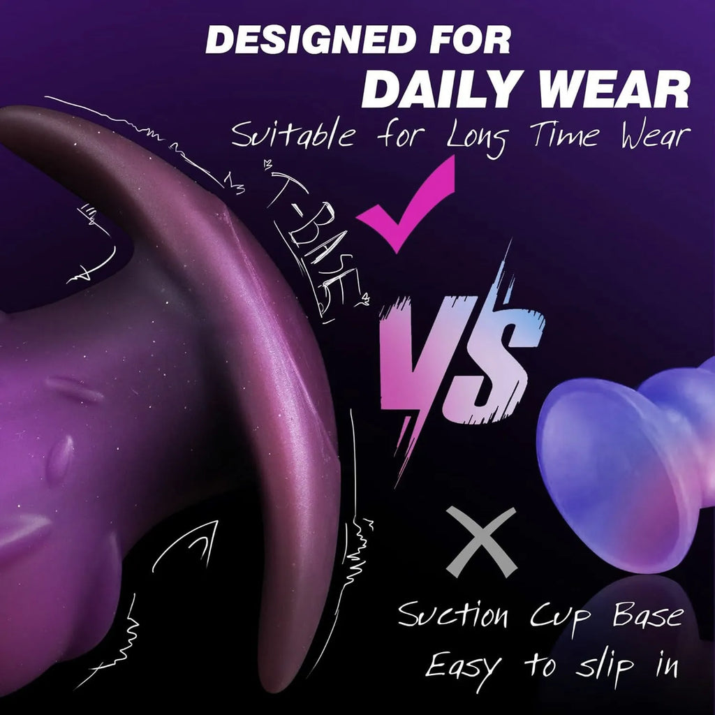 Unisex adult silicone masturbator toy in purple, gold or black, showing size options S, M, L, XL.
