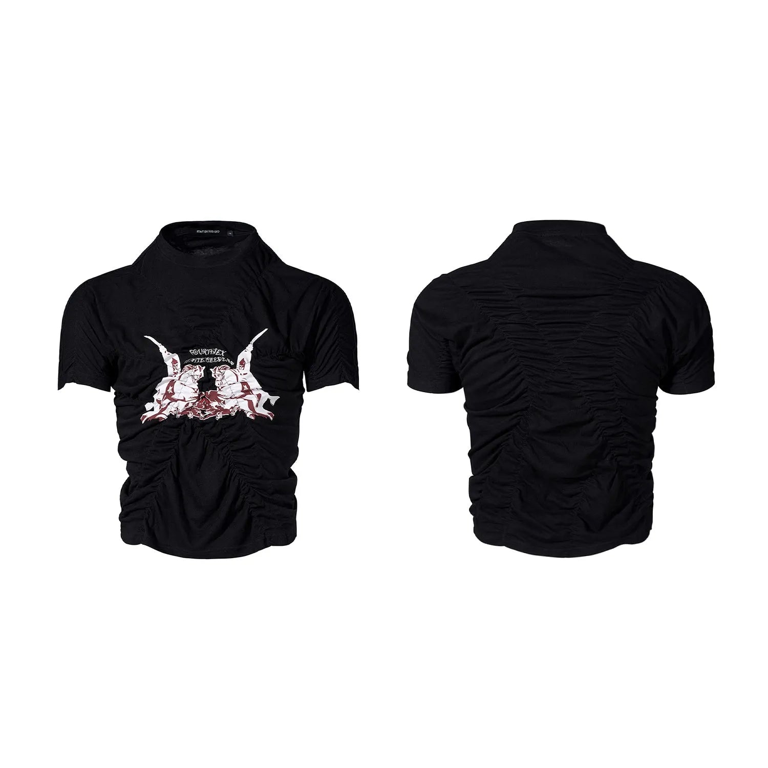Black men's slim fit T-shirt with printed pattern, short sleeves and round neck collar