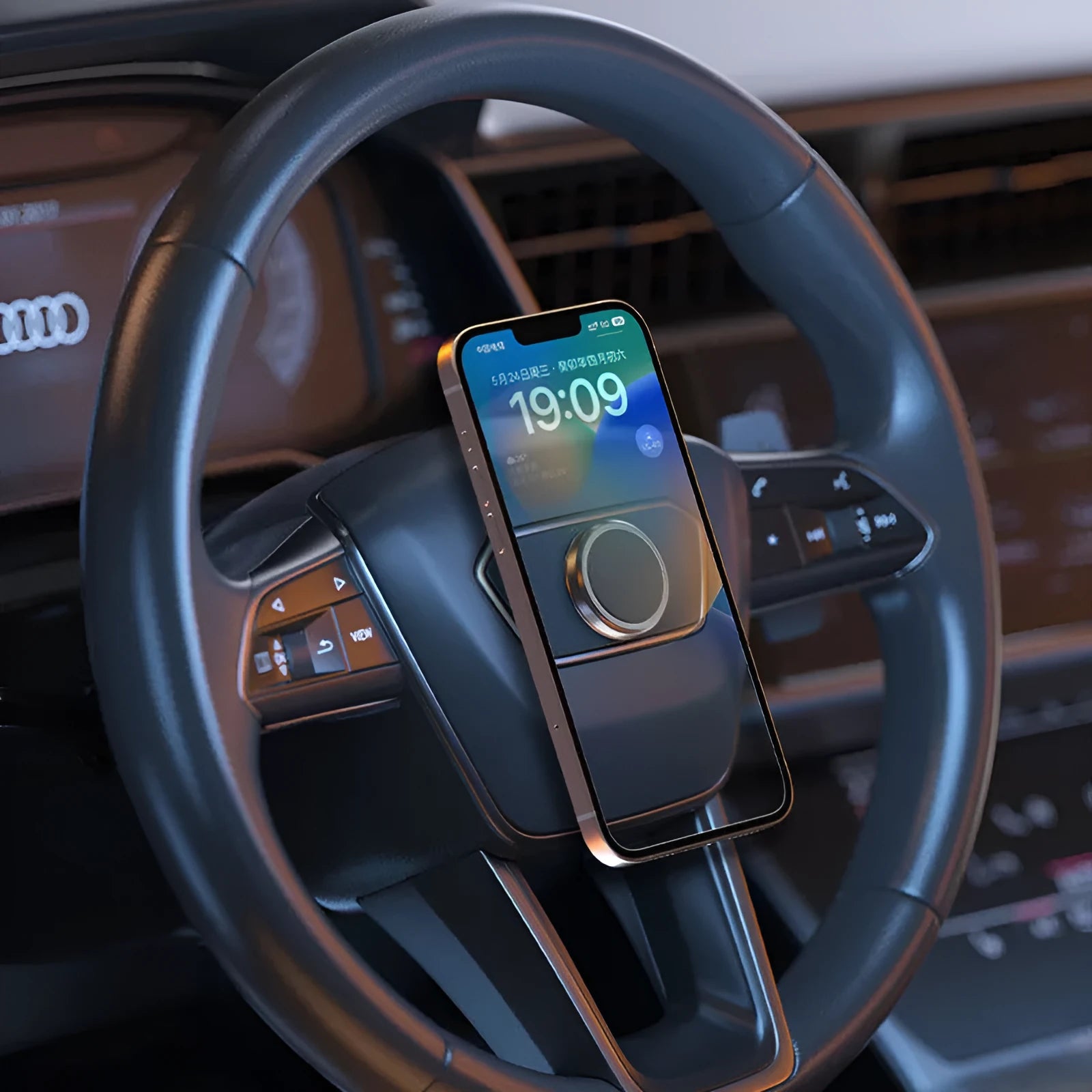 Obsidian black alloy magnetic mobile phone holder with centripetal force design and included magnetic discs.