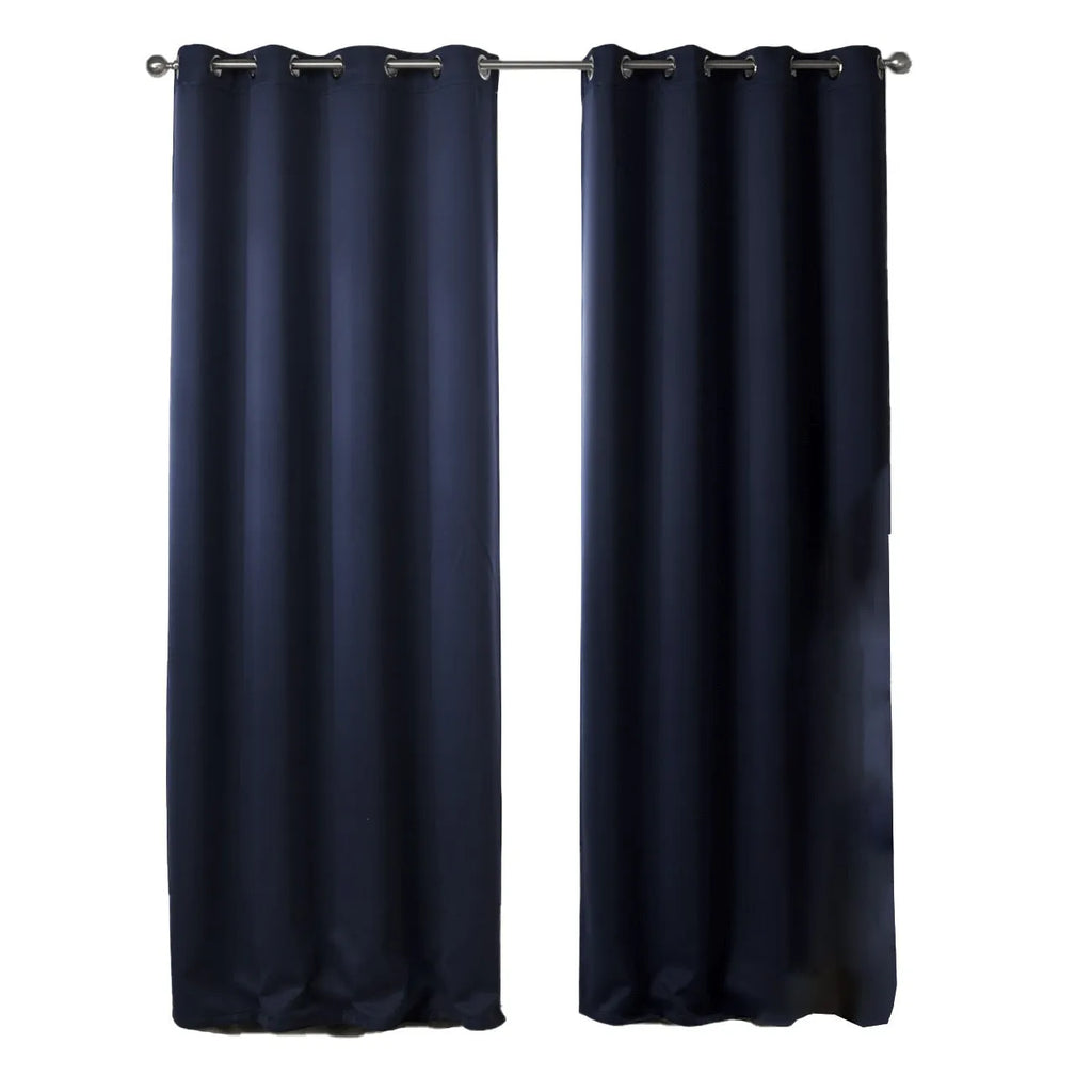 Dark navy blue modern blackout curtain made from shading cloth, hanging as a finished vertical panel.