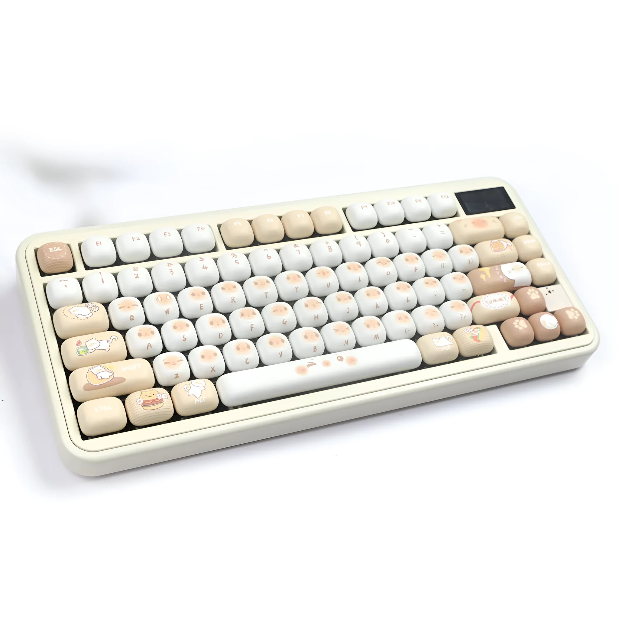 PBT mechanical keyboard keycap set showing 7u march past steamed bread and cat design.