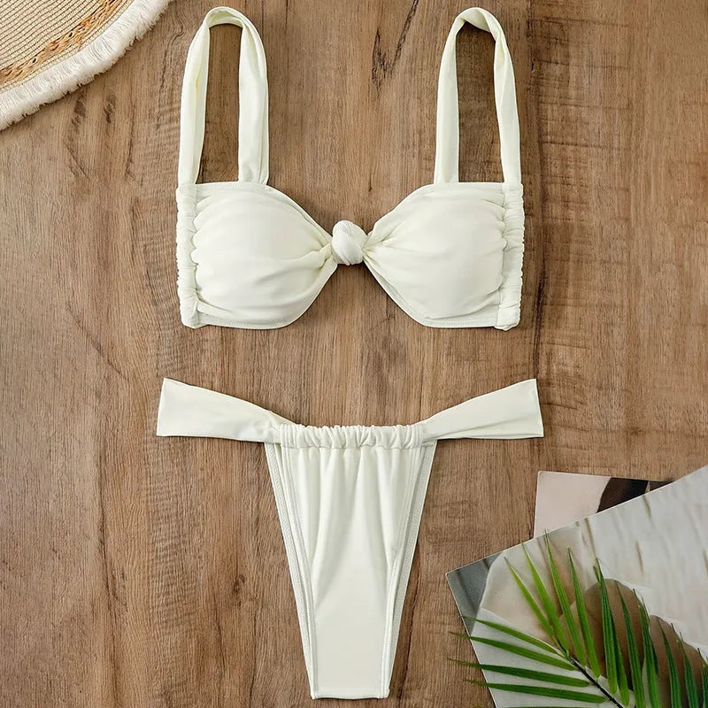 Women's solid white lacing sling split swimsuit nylon spandex backless brief size S M L XL