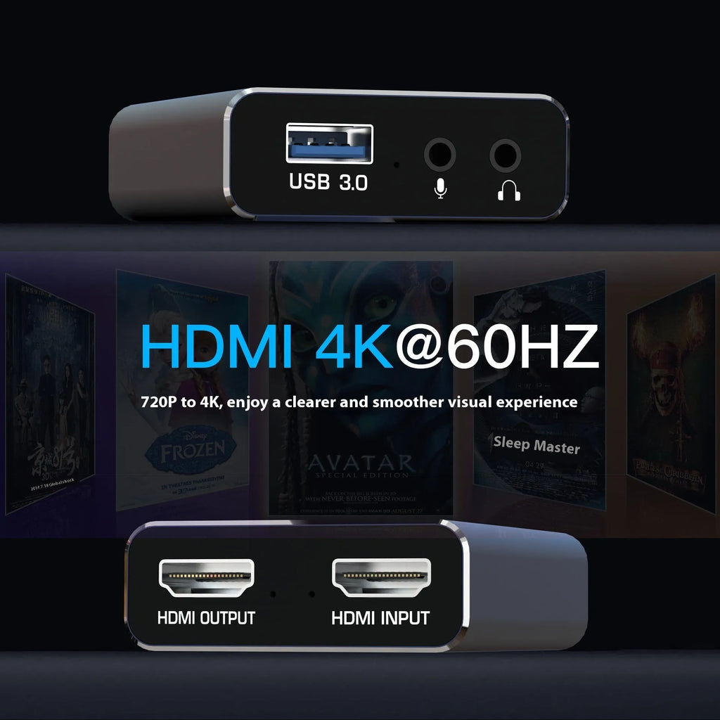 Black 4K gaming set-top box with MS2131 chip for HD audio recording and 1080 output