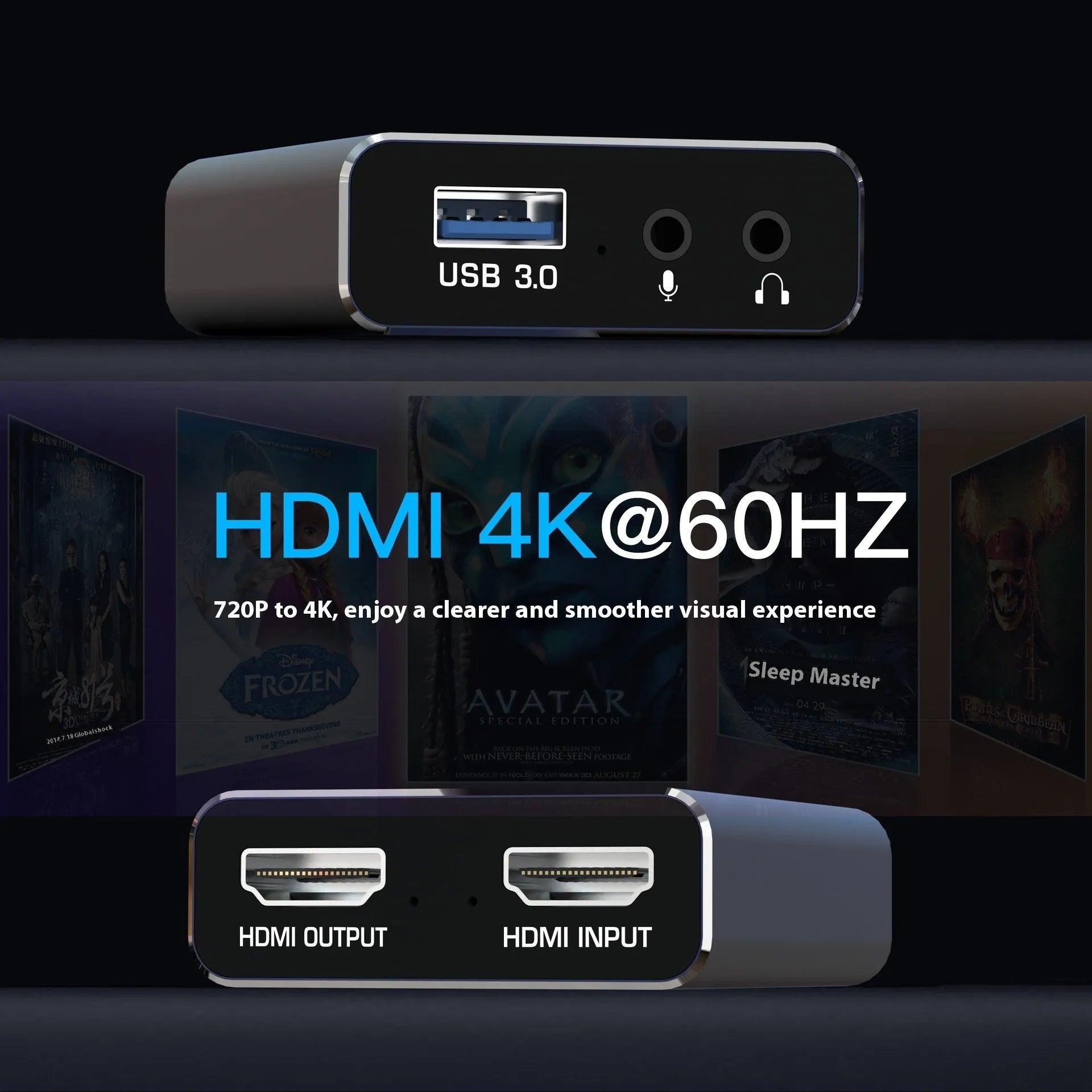 Black 4K gaming set-top box with MS2131 chip for HD audio recording and 1080 output