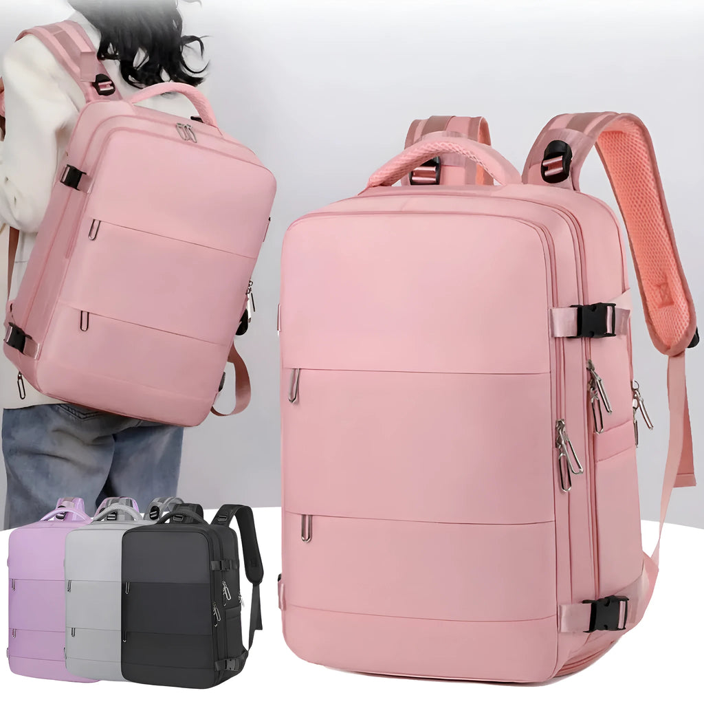Large purple travel backpack with multiple compartments and an air pillow strap system.