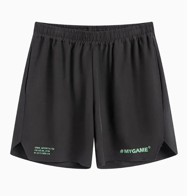 Men's grey quick-dry fitness shorts with high elasticity for gym training on a plain background.