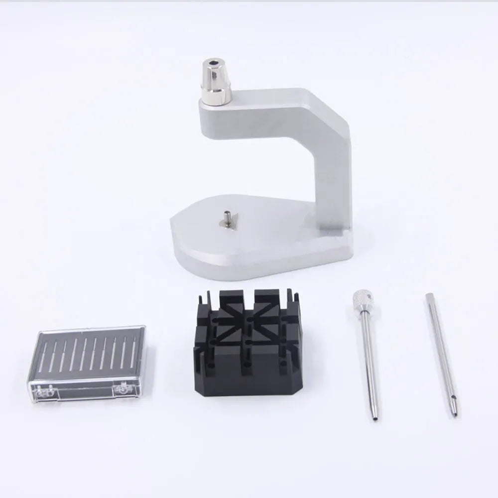 Silver-coloured tool steel press strap removal tool for watches and jewellery with metric blade.
