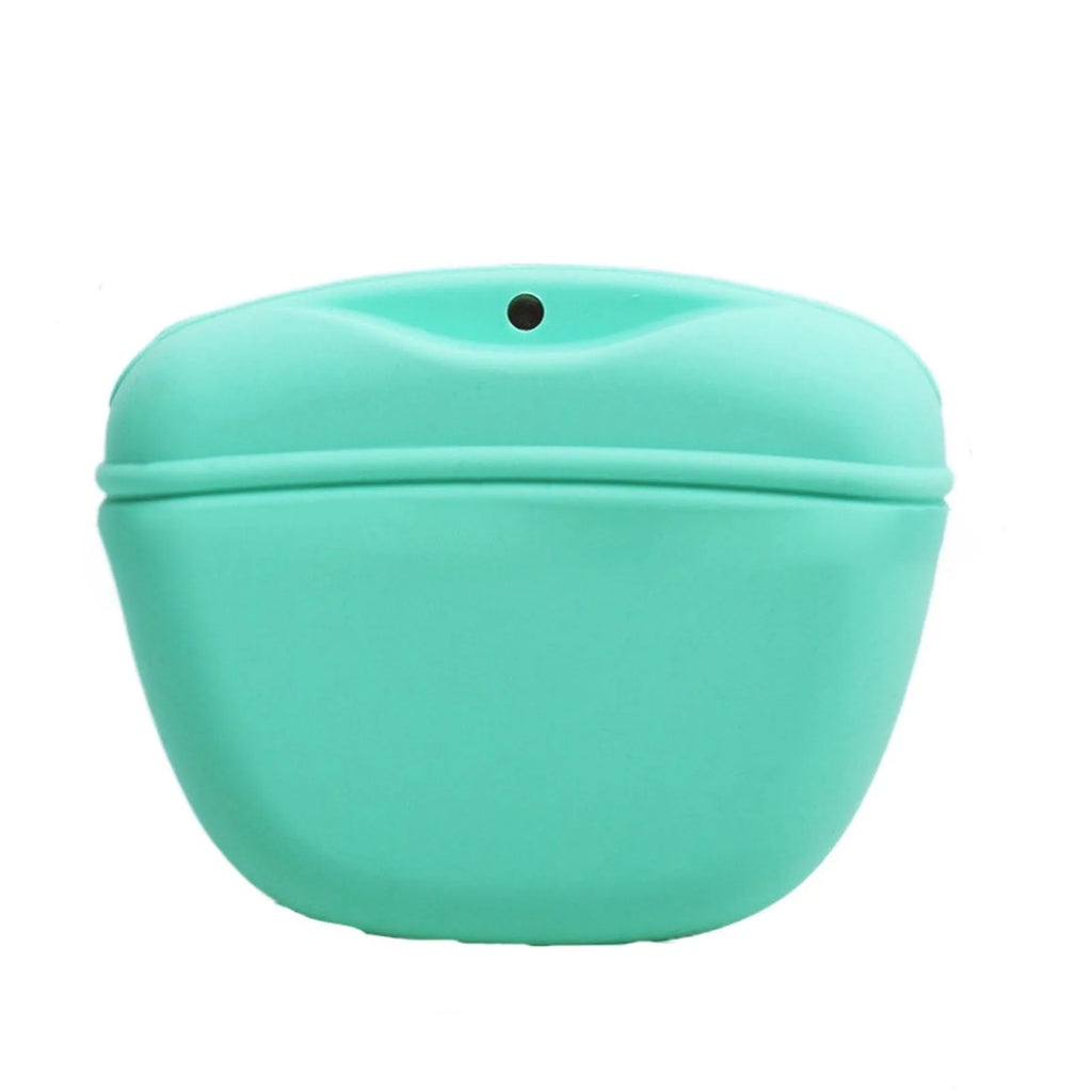 Silicone dog training treat waist bag with clip, shown in various colours.
