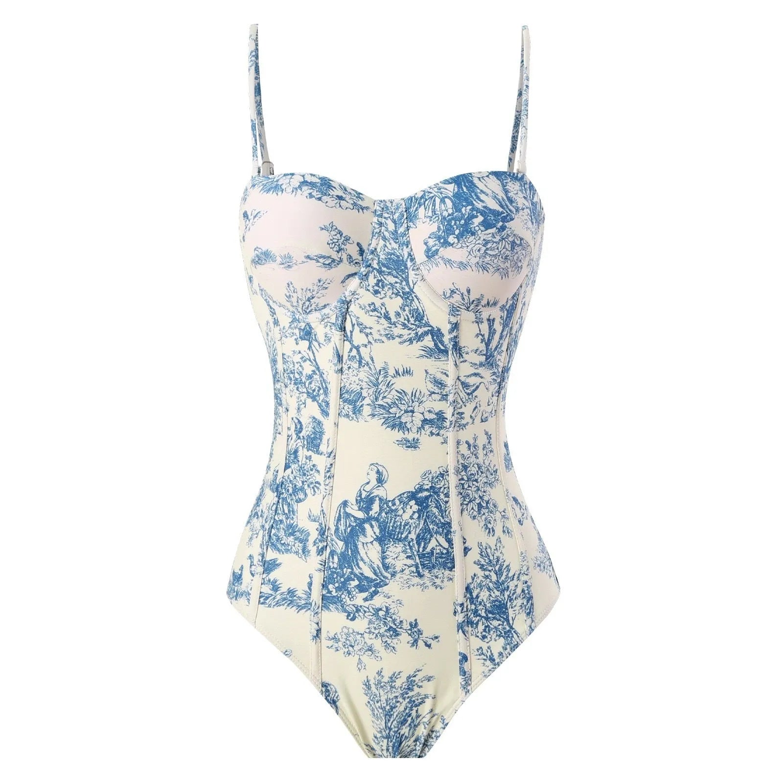 Blue women's one-piece swimsuit with matching gauze skirt set on hanger