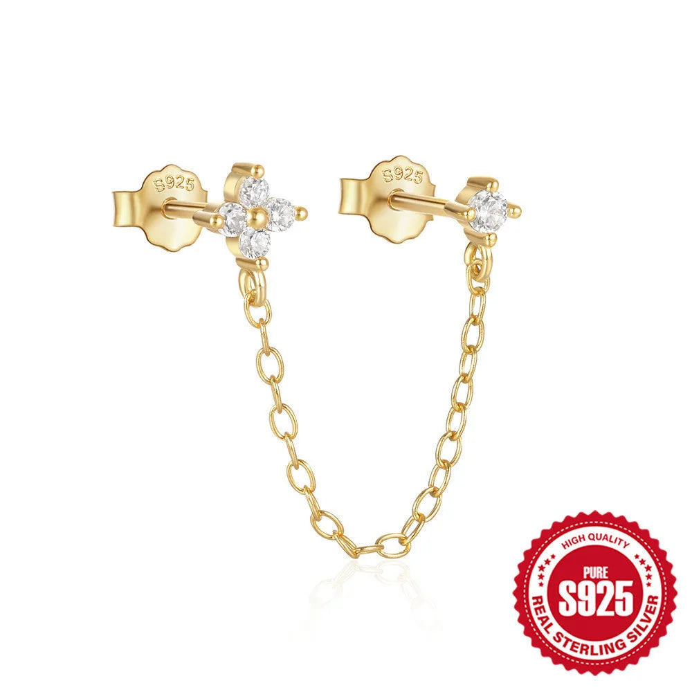 S925 sterling silver flower-shaped earring with a dangling chain tassel in a gold colour finish.