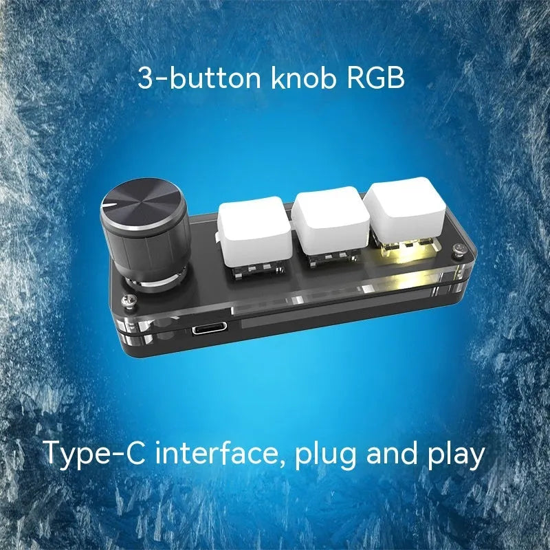Black programmable macro keypad with RGB backlit keys and USB cable
