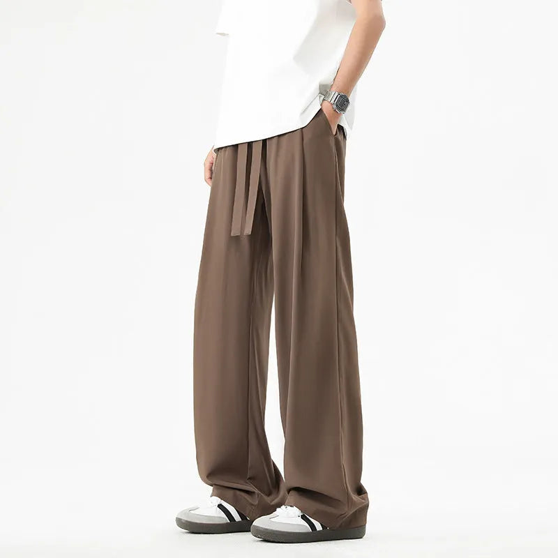 Men's quick-drying loose straight wide-leg casual trousers in black, polyester blend, drawstring waist