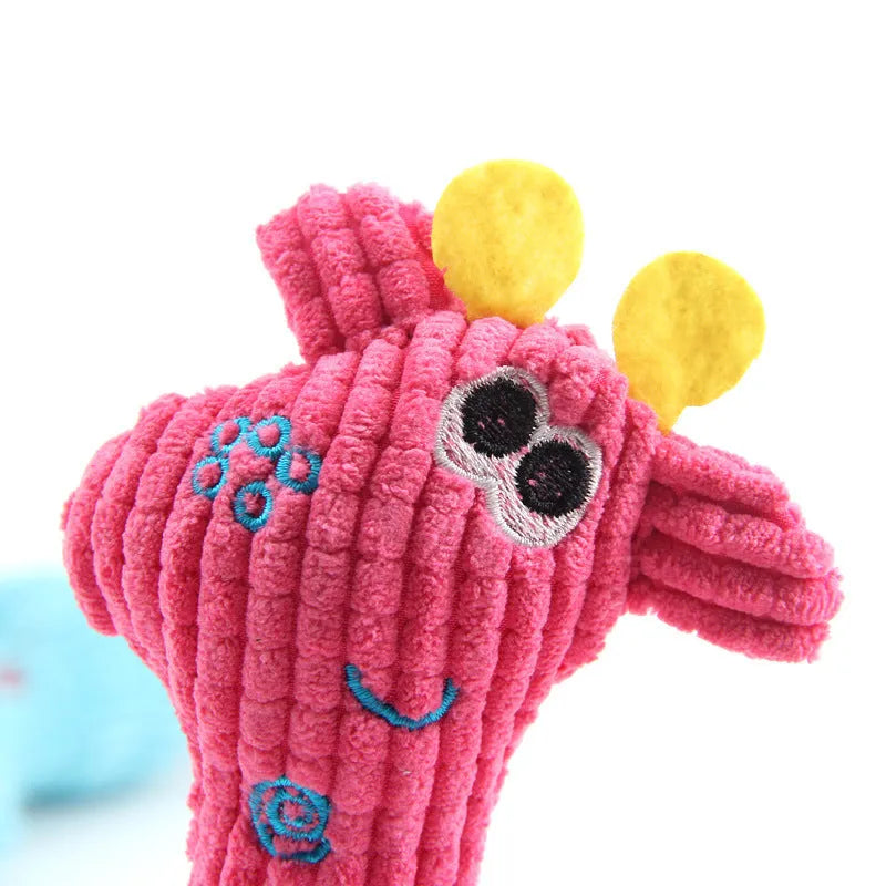 Blue deer shaped plush dog toy with sound feature and corn grain texture