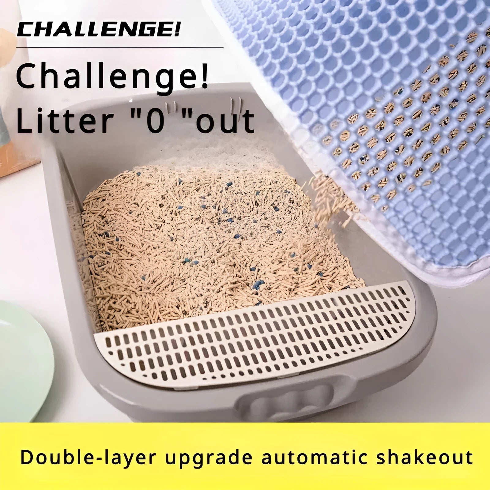 Double layer cat litter mat with waterproof backing in beige colour showing urine trap design