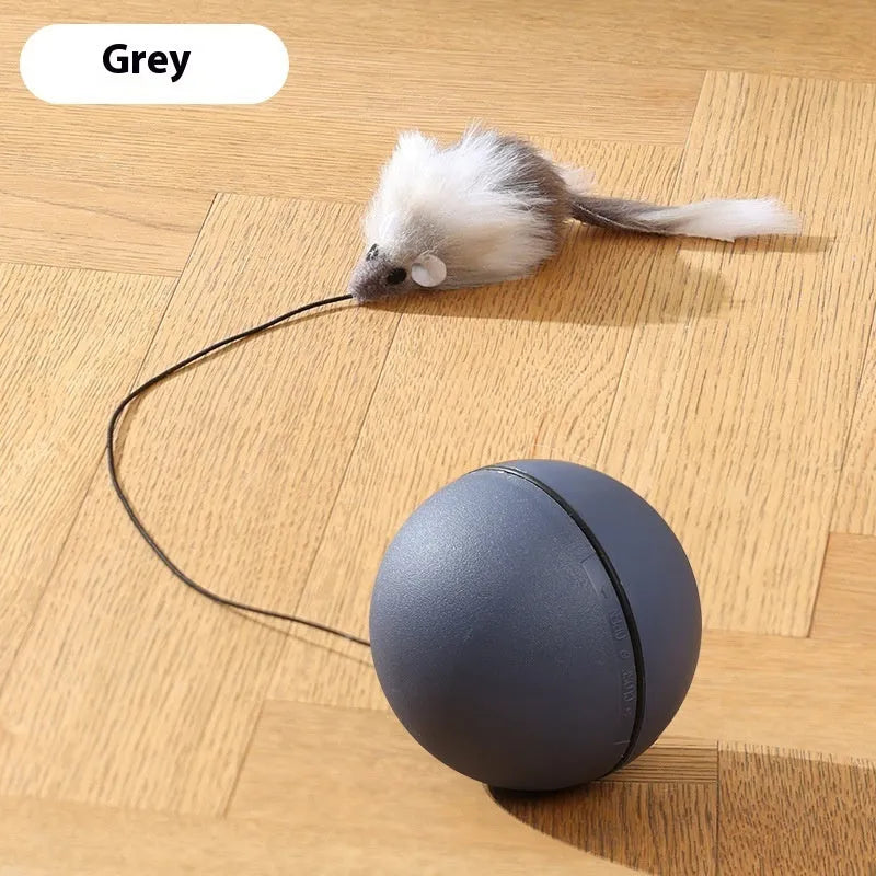 Blue orange automatic cat teasing ball with plush mouse attachment rolling on floor