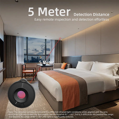 Compact minimalist infrared camera detector for finding hidden spy cameras up to 5 metres away.
