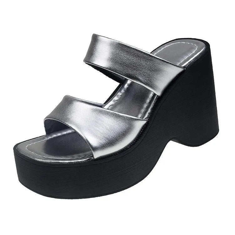 Women's black wedge platform slippers with a square toe and PU upper material.
