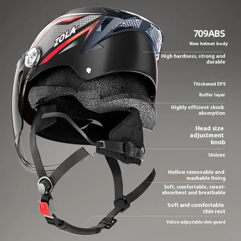 3C certified motorcycle half helmet showing integrated sun visor and dual anti-fog mirrors on a swivel mount.