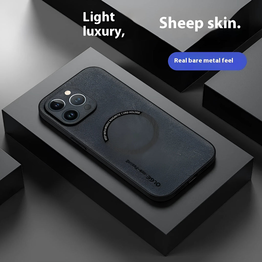 Magnetic sheepskin iPhone case in Graphite Black with built-in magnetic ring and all-inclusive drop-resistant PC shell