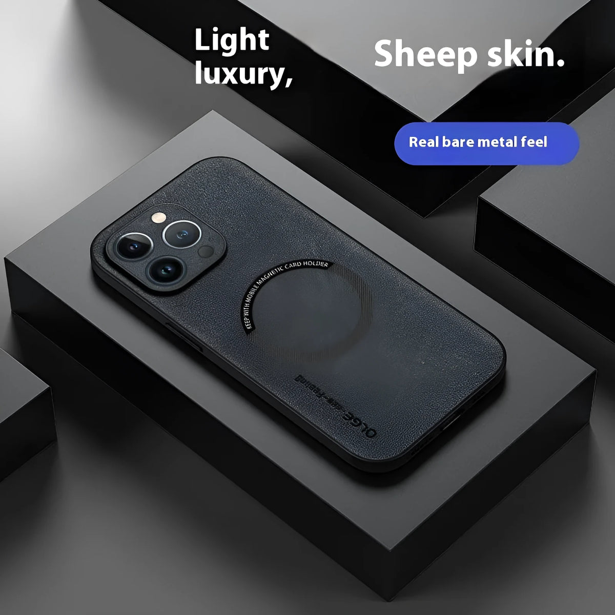 Magnetic sheepskin iPhone case in Graphite Black with built-in magnetic ring and all-inclusive drop-resistant PC shell