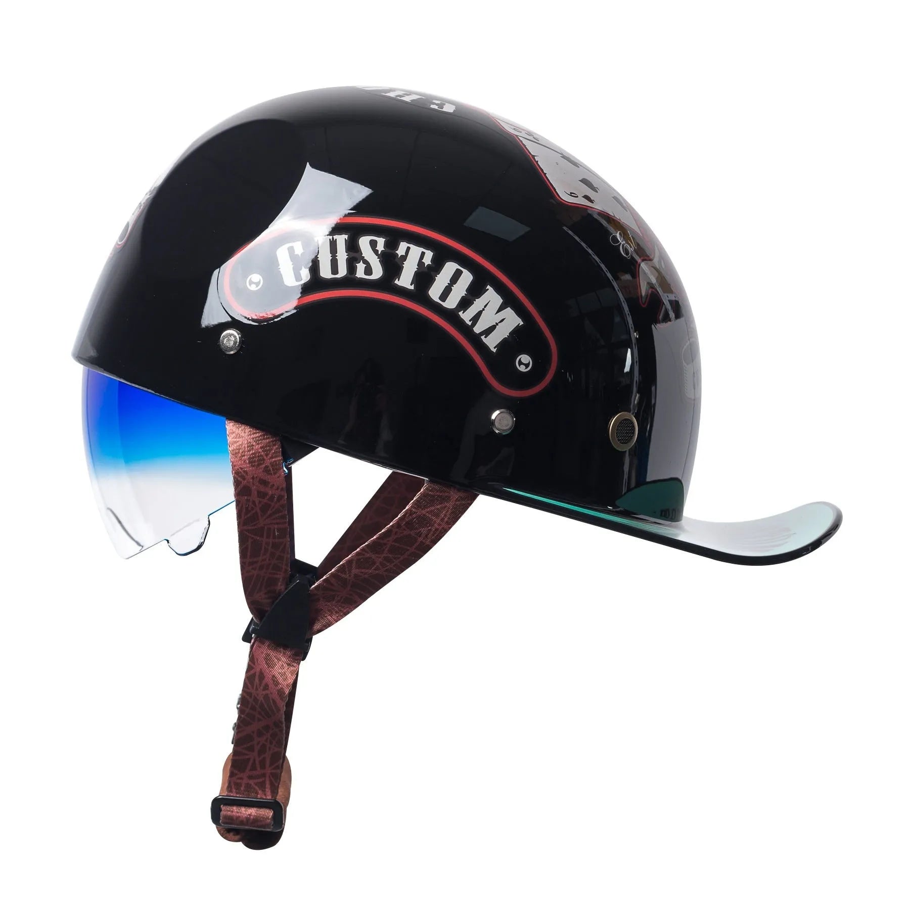 Men's bright black retro half helmet for electric bicycles with a gradient blue visor lens.