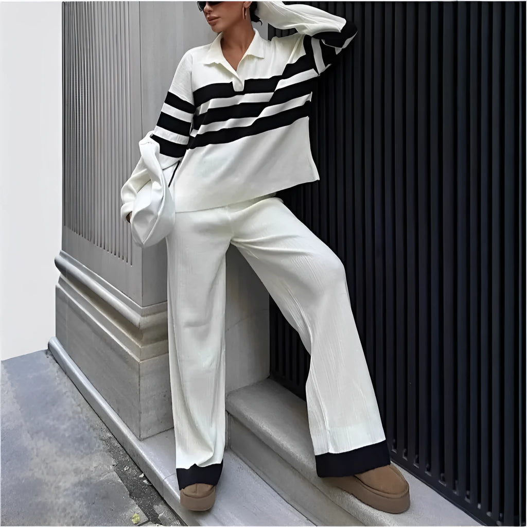 Women's black and white striped knitted polo collar two-piece set with long sleeves and trousers