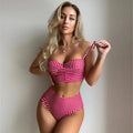 Women's high-waisted plaid bikini swimsuit with removable cups in rose red colour