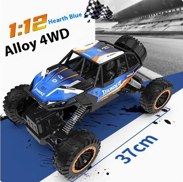 Children's rechargeable four-wheel drive remote control off-road car in fire blue colour with handle controller