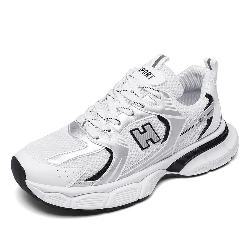 Men's mesh running shoes in three colour options showing round toe design and plastic sole construction